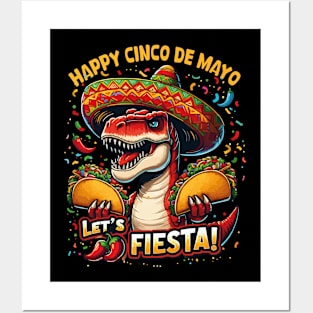 Let's Fiesta Cinco De Mayo Dinosaur Holding Taco Mexican Posters and Art